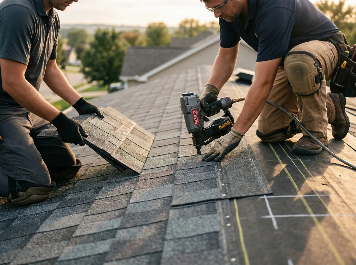 Professional roofer working on a residential roof in Oak Hill